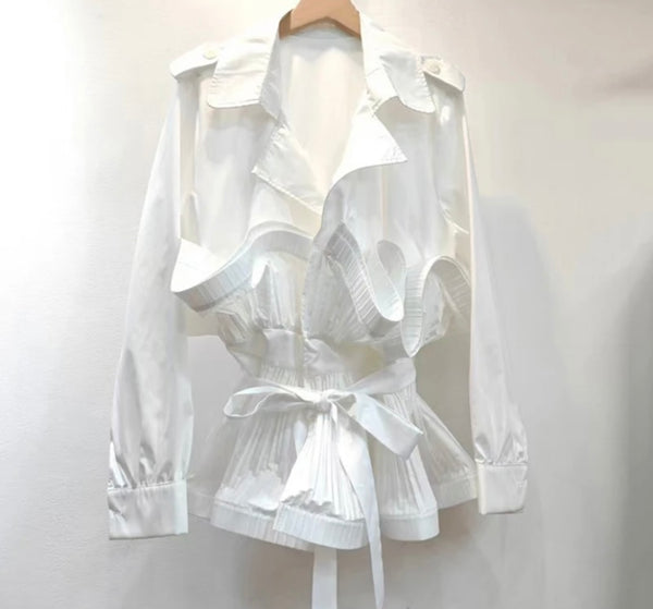 Women Solid Color Ruffled Belted Full Sleeve Fashion Top