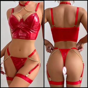 Women Sexy Red Chain PU Lingerie Set