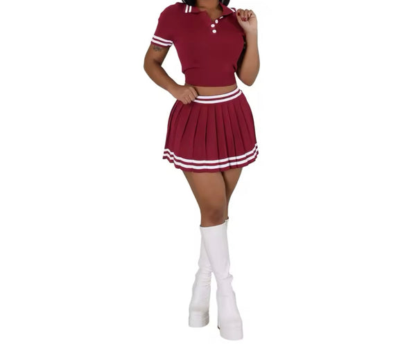 Women Sexy Solid Color Striped Short Sleeve Two Piece Pleated Skirt Set