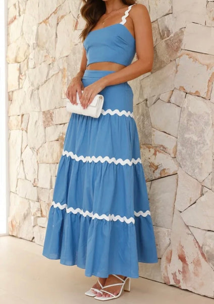 Women Sexy Sleeveless Striped Ruffled Two Piece Maxi Skirt Set