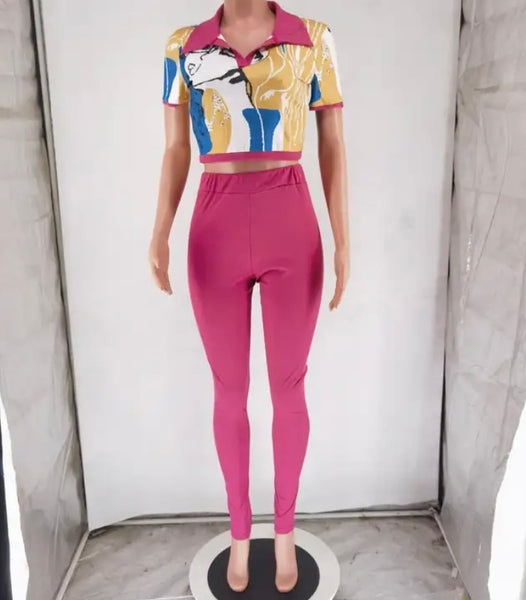 Women Fashion Printed Short Sleeve Crop Two Piece Pant Set