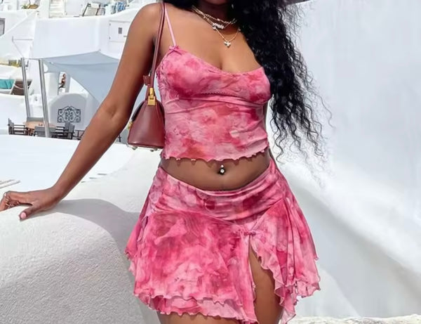 Women Sexy Sleeveless Pink Tie Dye Two Piece Skirt Set