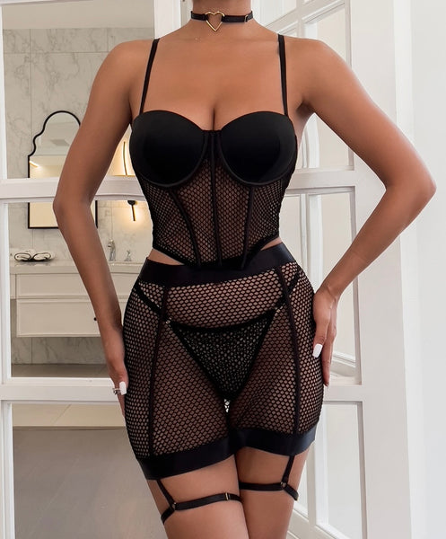 Women Sexy Black Choker Netted Lingerie Set