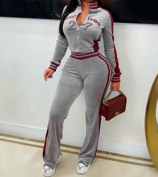 Women Letter Number Print Zip Up Velour Tracksuit Two Piece Pant Set