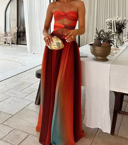 Women Sexy Strapless Cut Out Tie Dye Gradient Maxi Dress