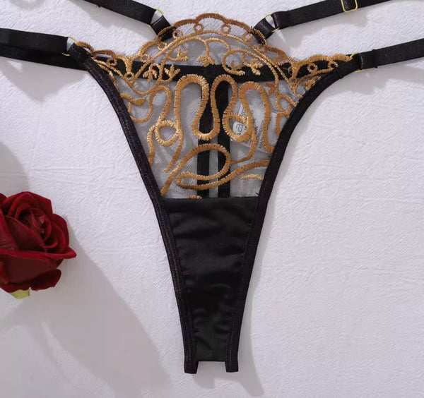Women Sexy Black Embroidery Print Mesh Lingerie Set