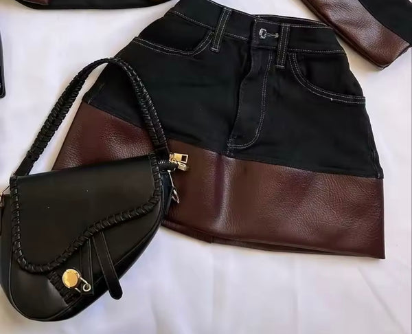 Women Brown Faux Leather Denim Jacket Two Piece Skirt Set