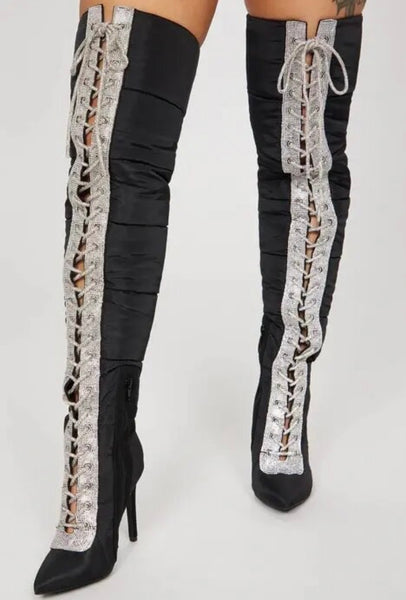 Women Bling Patchwork Puff Lace Up Fashion Over The Knee Boots