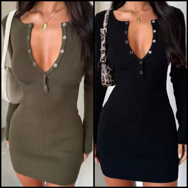 Women Sexy Ribbed Button Up Full Sleeve Dress