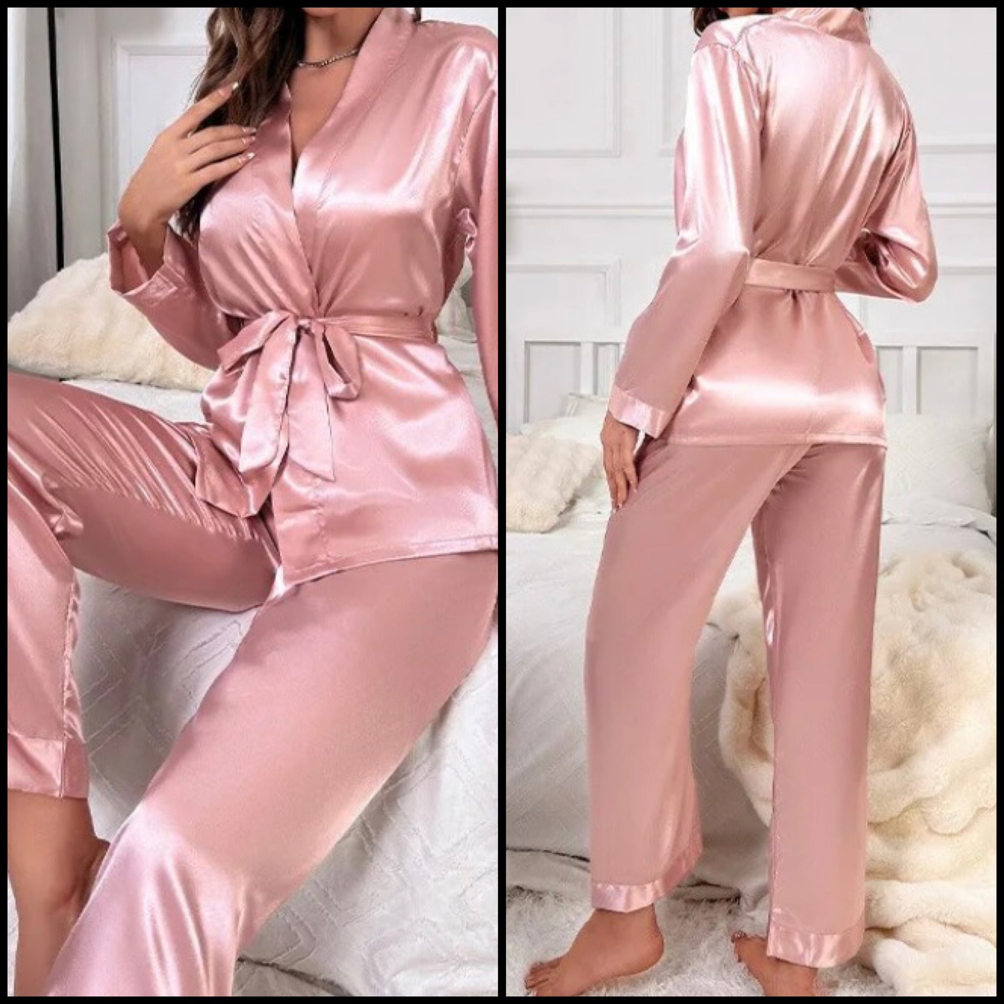 Women Pink Sexy Satin Full Sleeve Lingerie Set