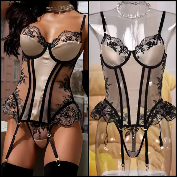 Women Sexy Color Patchwork Satin Lace Lingerie Set