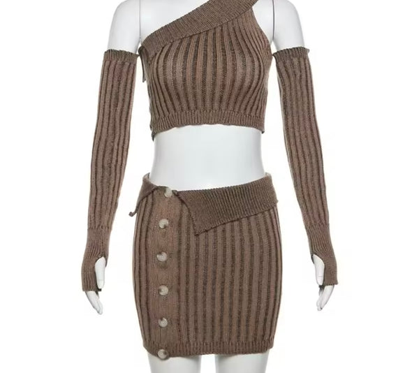 Women Sexy Brown Striped Button Two Piece Skirt Set