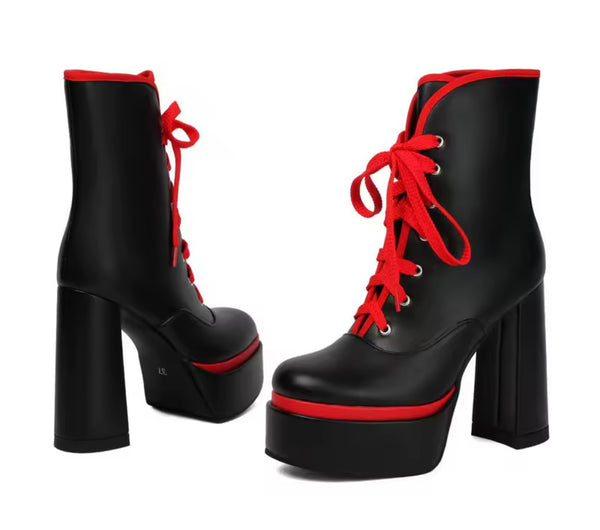 Women Fashion Color Patchwork Lace Up Platform High Heel Ankle Boots