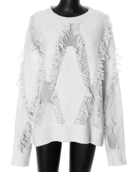 Women White Fashion Fringe Full Sleeve Sweater Top