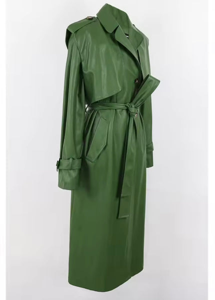 Women Green Faux Leather Fashion Long Trench Jacket