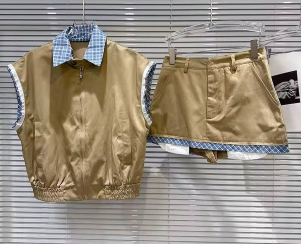 Women Plaid Patchwork Khaki Two Piece Skirt Set