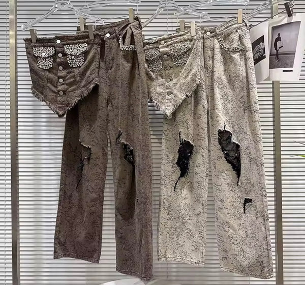 Women Animal Print Rhinestone Strapless Ripped Two Piece Pant Set