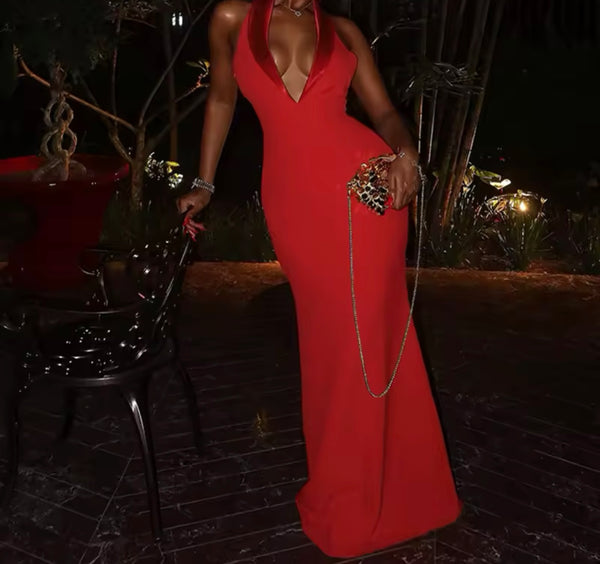 Women Red Sexy Halter Sleeveless Maxi Dress