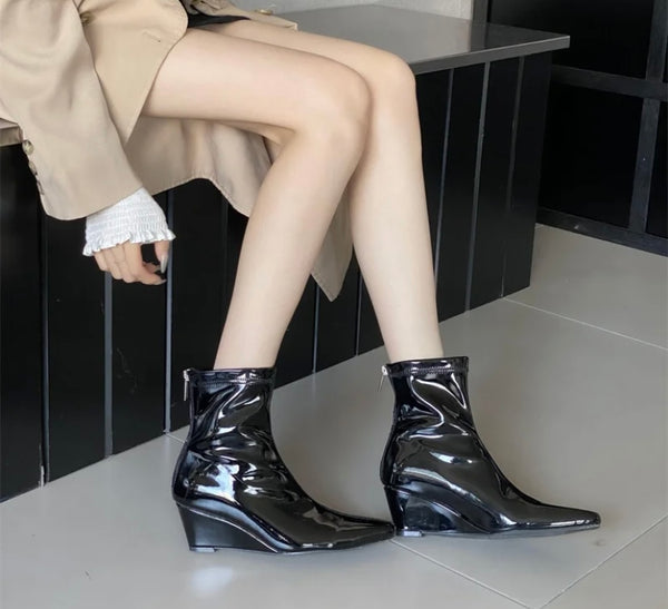Women Fashion Patent Leather Wedge Platform Ankle Boots