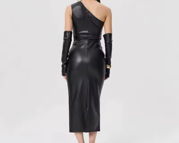 Women Sexy One Shoulder Sleeveless Glove Faux Leather Dress