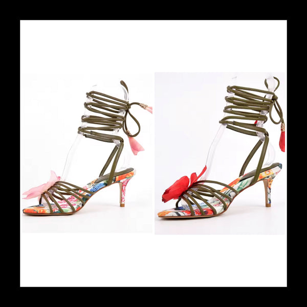 Women Fashion Floral Lace Up High Heel Sandals