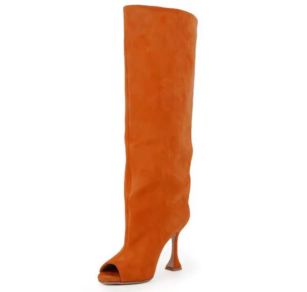 Women Suede Open Toe Fashion High Heel Knee Length Boots