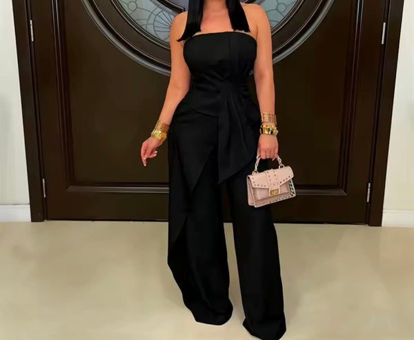 Women Strapless Ruched Asymmetrical Two Piece Pant Set