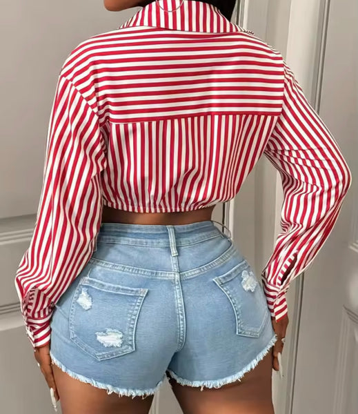 Women Color Striped Button Up Fashion Full Sleeve Crop Top