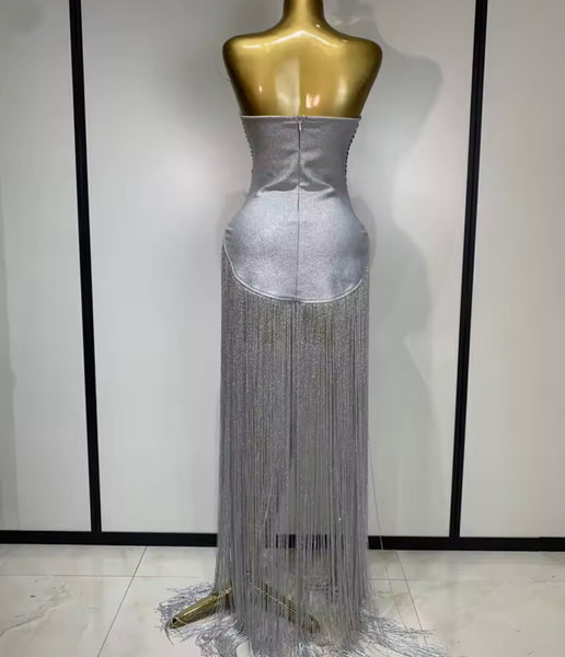 Women Silver Sexy Strapless Rhinestone Fringe Tassel Dress