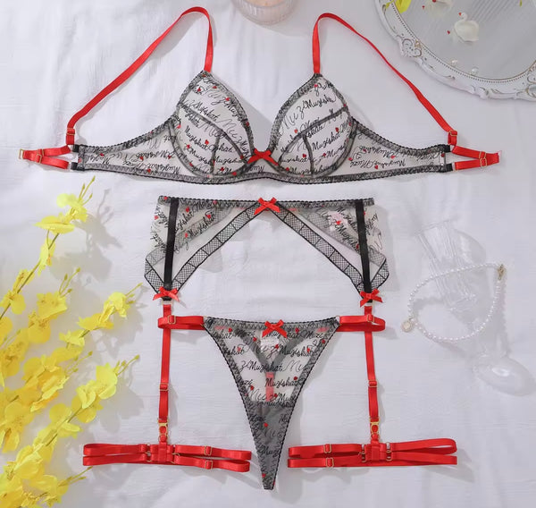 Women Sexy Letter Print Color Patchwork Mesh Lingerie
