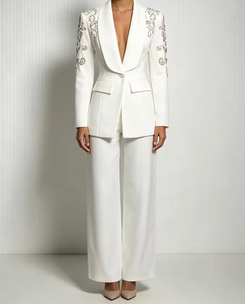 Women Fashion Floral Rhinestone Embellishment Blazer Two Piece Pant Set