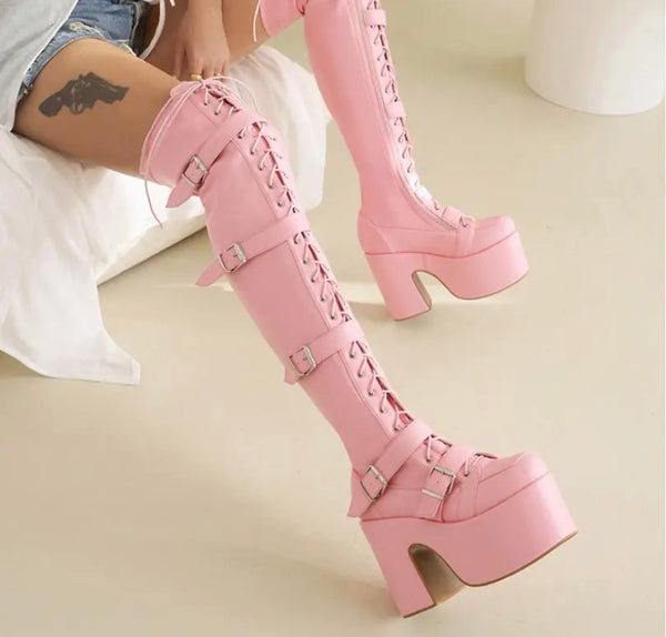 Women Fashion Over The Knee Lace Up Buckled Platform Boots
