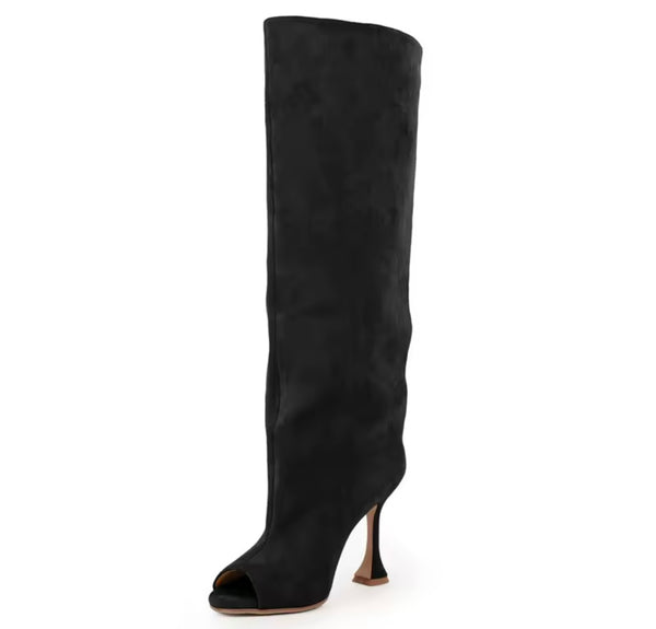 Women Suede Open Toe Fashion High Heel Knee Length Boots