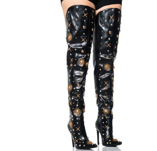 Women Pointed Toe Fashion Faux Leather Rivet Thigh High Boots