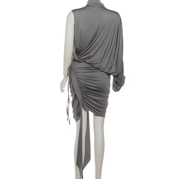 Women Sexy One Shoulder Full Sleeve Ruched Gray Two Piece Skirt Set