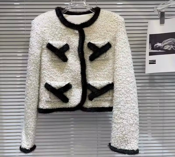 Women Fashion White/Black Full Sleeve Blazer Two Piece Skirt Set