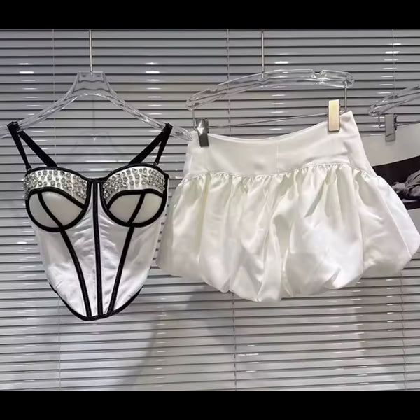 Women Rhinestone Sleeveless Sexy Two Piece White Skirt Set