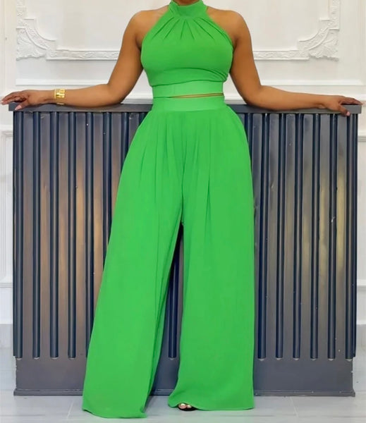 Women Solid Color Sleeveless Crop Two Piece Wide Leg Pant Set