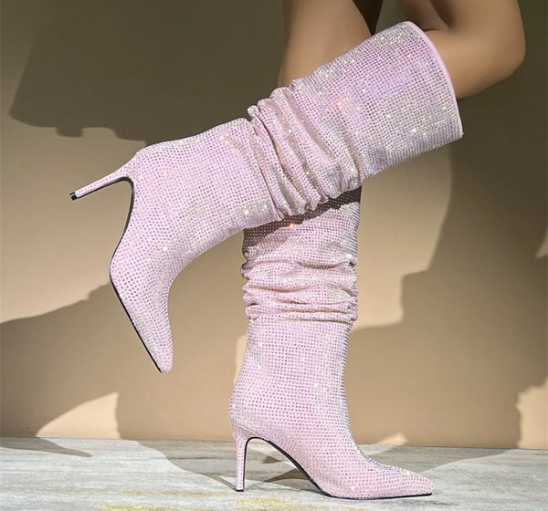 Women Pointed Toe High Heel Bling Ruched Fashion Knee High Boots