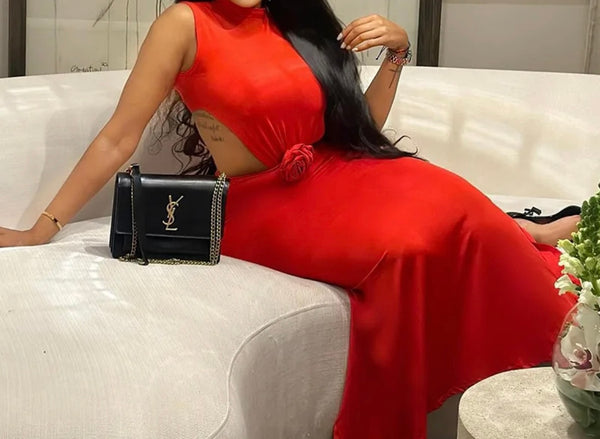 Women Sexy Sleeveless Cut Out 3D Rose Maxi Dress