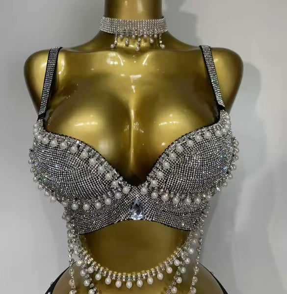 Women Sexy Sleeveless Choker Pearl Bling Rhinestone Two Piece Short Set