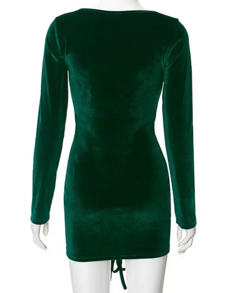 Women Sexy V-Neck Drawstring Full Sleeve Velour Dress