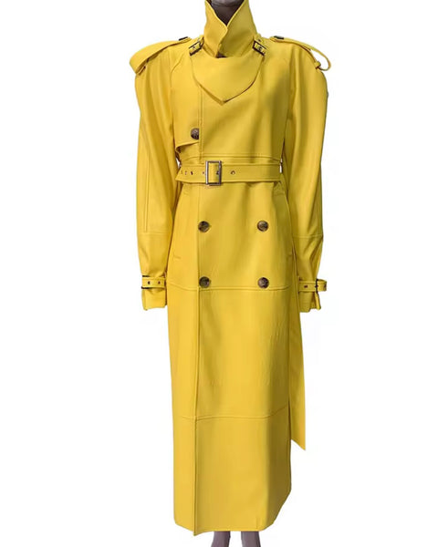 Women Fashion Yellow Belted Button Up Faux Leather Trench Jacket