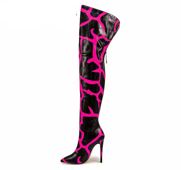 Women Color Patchwork Faux Leather Over The Knee Boots