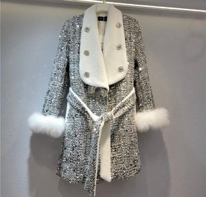 Women Warm Fashion Faux Fur Patchwork Crystal Sequins Trench Jacket