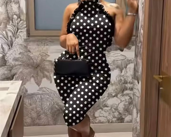 Women Sexy Polka Dot Ruffled Halter Open Back Romper