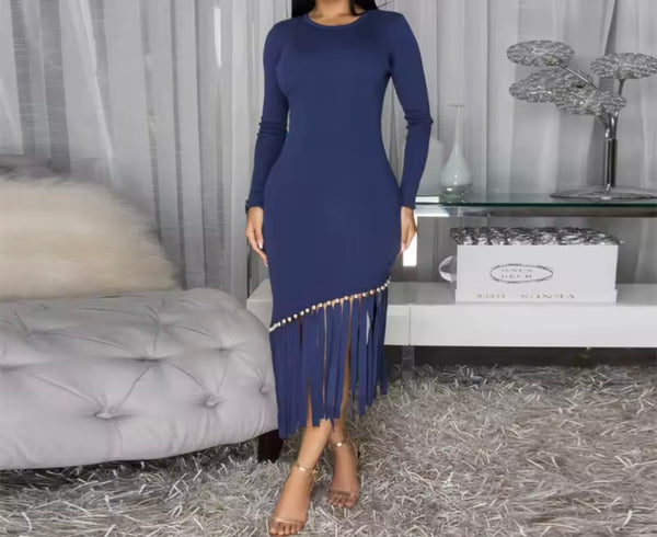 Women Sexy Solid Color Full Sleeve Fringe Tassel Dress