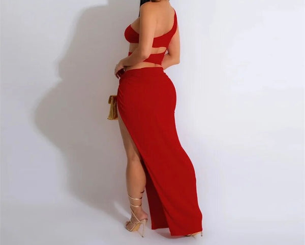 Women Sexy One Shoulder Sleeveless Cut Out Side Split Maxi Dress