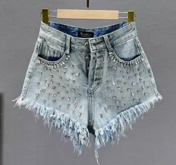 Women Fashion Ripped Rhinestone Patchwork Denim Shorts