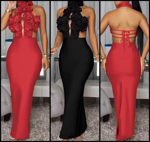 Women 3D Floral Halter Sleeveless Sexy Maxi Dress